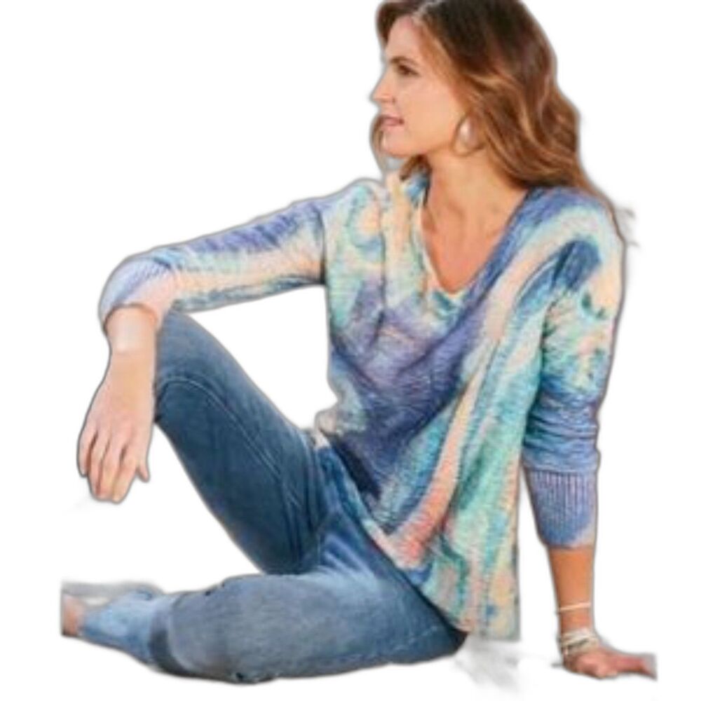 Soft Surroundings Womens Tallie Pullover Sweater Blue Abstract Textured V-Neck L